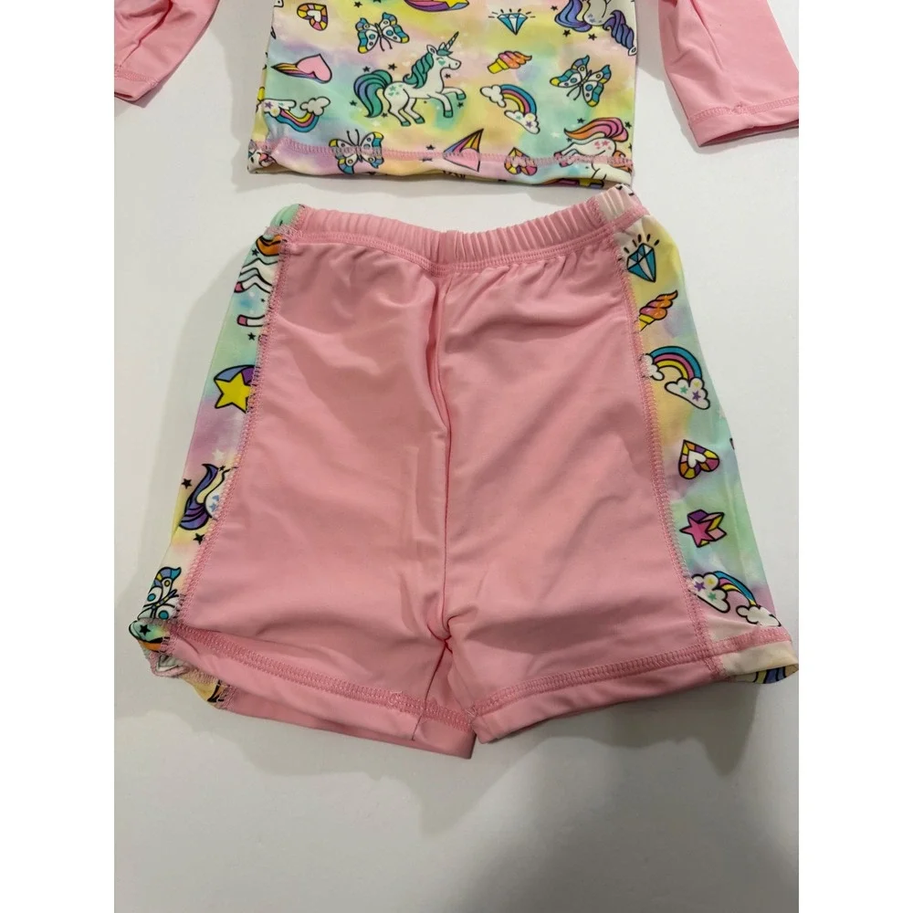 Kids Girls Pink Unicorn Rainbow Rash‎ Guard Swimsuit Set 12M UPF 50+